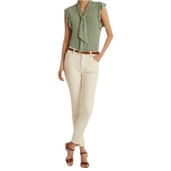 Ralph Lauren Ruffle-Sleeve Tie Neck Top Olive Green Size L MSRP $70 - Picture 1 of 2